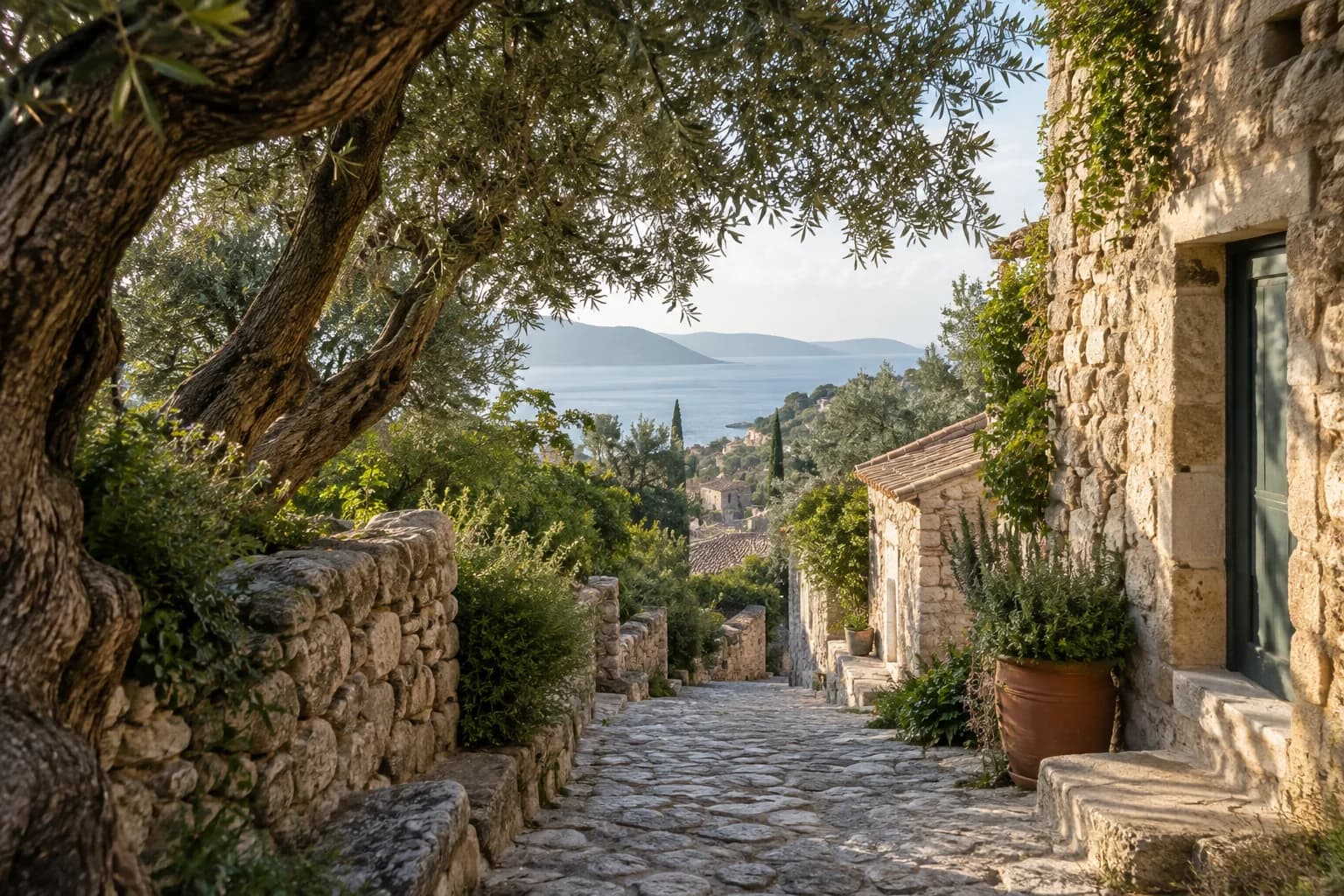 Illustrative coastal village: an olive-lined stone path leading towards the sea.