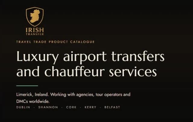 Cover of the Irish Transfer catalogue: the shield mark, the label Travel trade product catalogue and the line Luxury airport transfers and chauffeur services, working with agencies, tour operators and DMCs worldwide.