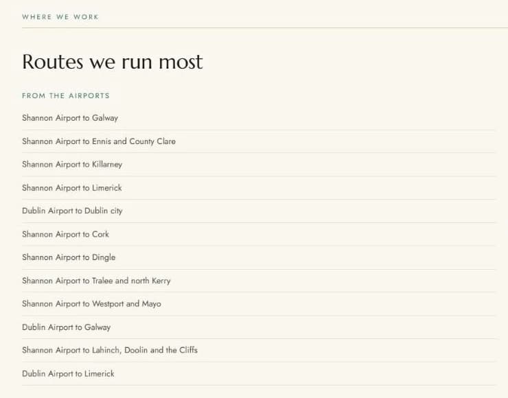A page of the Irish Transfer travel-trade catalogue headed Routes we run most, listing airport routes such as Shannon Airport to Galway and Dublin Airport to Dublin city.