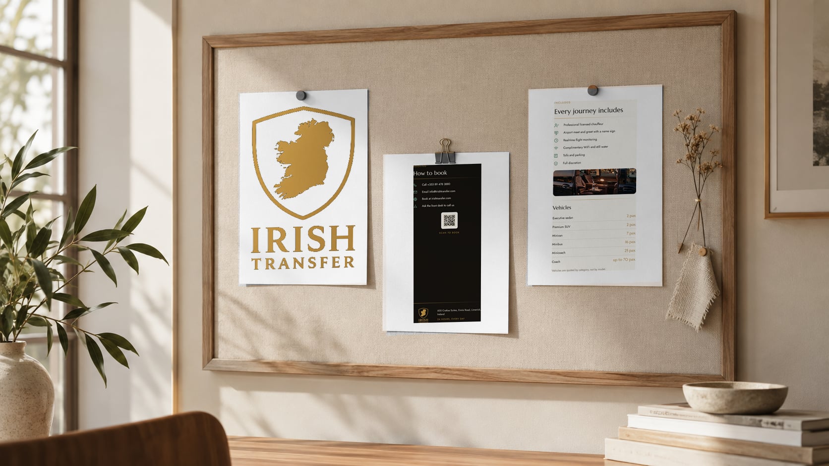 A presentation of the Irish Transfer identity and leaflet designs, bringing the logo, service information and booking details together.